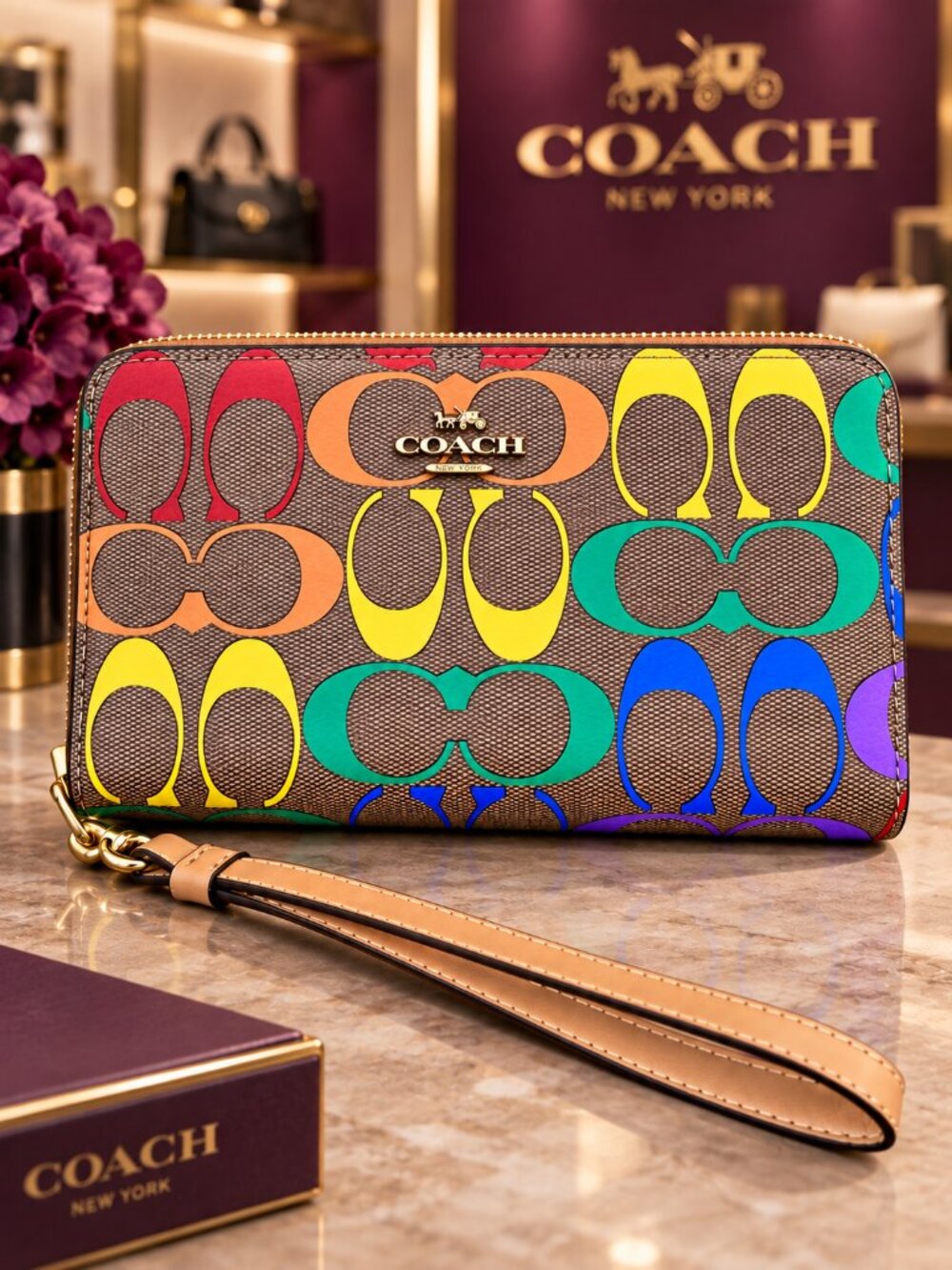 COACH Pride Rainbow Signature Canvas Long Zip Around Wallet Wristlet